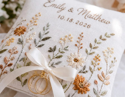 Personalized Autumn Wedding Ring Pillow, Neutral Wildflower Embroidered Linen Ring Bearer Pillow, Custom Names & Date, Boho Wedding Keepsake