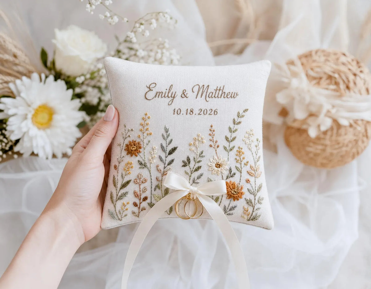 Personalized Autumn Wedding Ring Pillow, Neutral Wildflower Embroidered Linen Ring Bearer Pillow, Custom Names & Date, Boho Wedding Keepsake