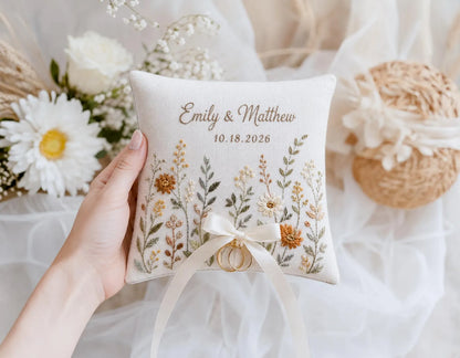 Personalized Autumn Wedding Ring Pillow, Neutral Wildflower Embroidered Linen Ring Bearer Pillow, Custom Names & Date, Boho Wedding Keepsake