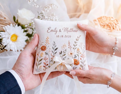 Personalized Autumn Wedding Ring Pillow, Neutral Wildflower Embroidered Linen Ring Bearer Pillow, Custom Names & Date, Boho Wedding Keepsake