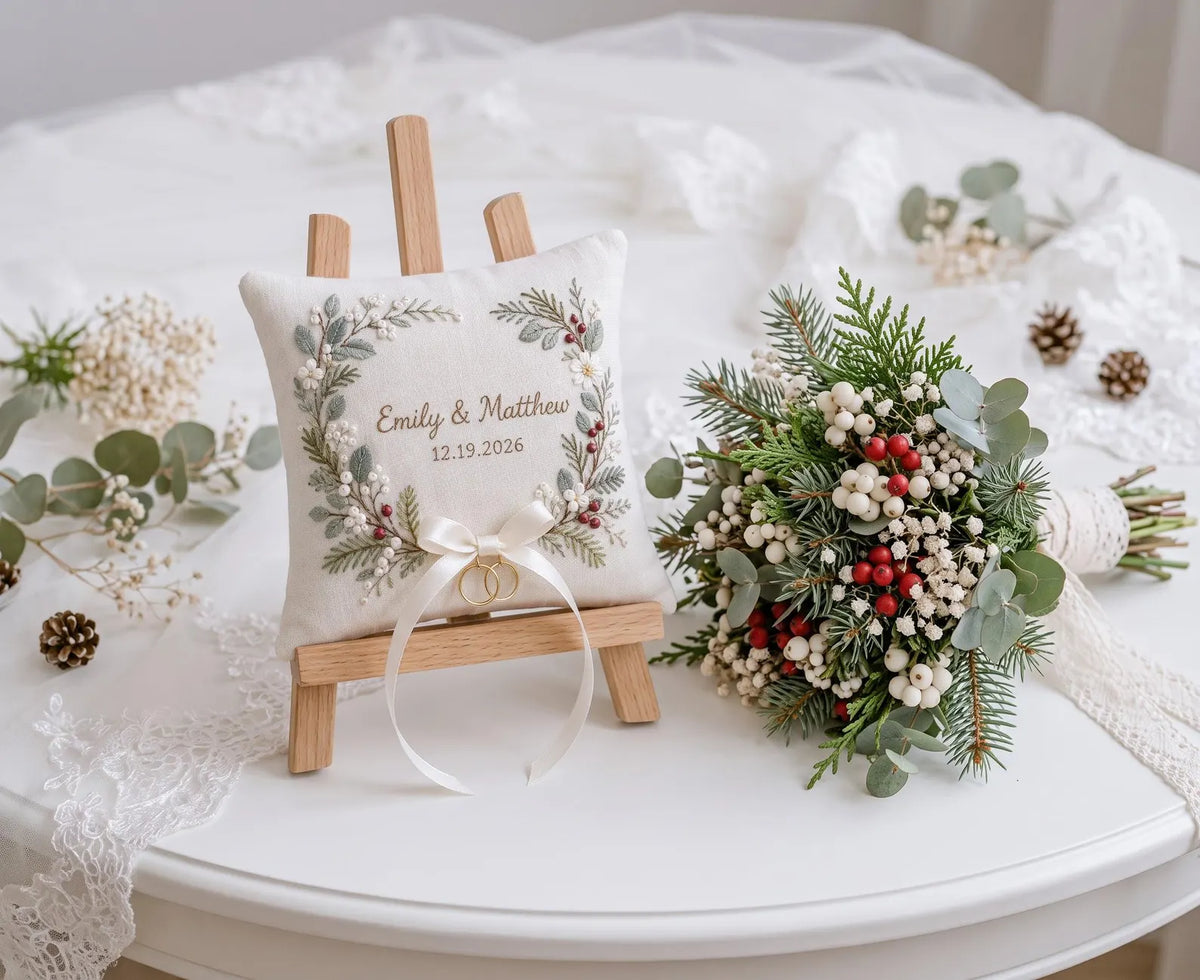 Personalized Christmas Ring Pillow, Winter Greenery & Red Berry Embroidered Linen Ring Bearer Pillow, Custom Names Date, Wedding Keepsakes