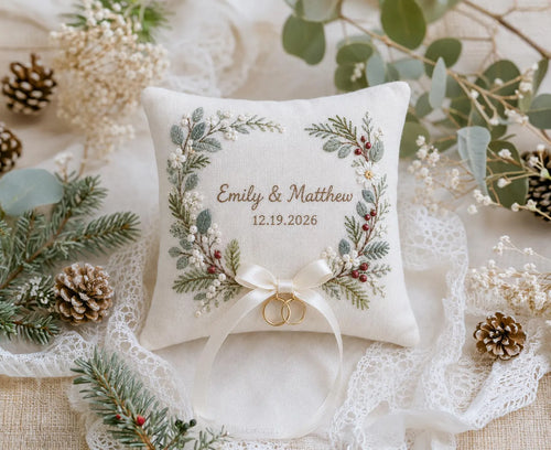 Personalized Christmas Ring Pillow, Winter Greenery & Red Berry Embroidered Linen Ring Bearer Pillow, Custom Names Date, Wedding Keepsakes