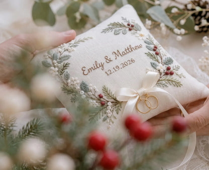 Personalized Christmas Ring Pillow, Winter Greenery & Red Berry Embroidered Linen Ring Bearer Pillow, Custom Names Date, Wedding Keepsakes