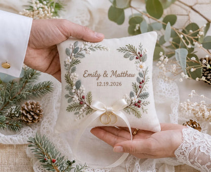 Personalized Christmas Ring Pillow, Winter Greenery & Red Berry Embroidered Linen Ring Bearer Pillow, Custom Names Date, Wedding Keepsakes
