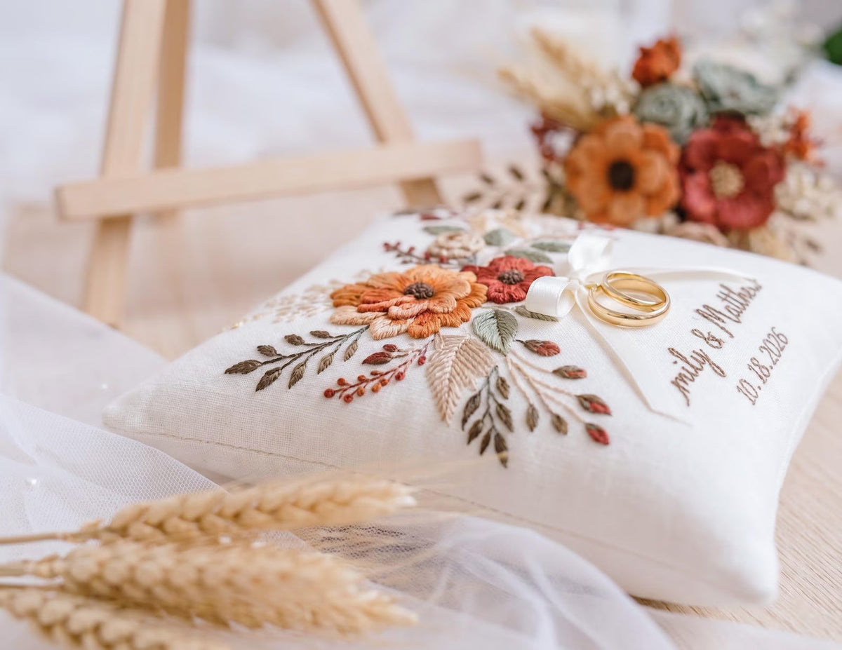 Personalized Autumn Wedding Ring Pillow, Rust Orange Floral Embroidered Linen Ring Bearer Pillow, Custom Names & Date, Rustic Wedding Gift