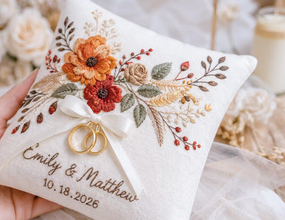 Personalized Autumn Wedding Ring Pillow, Rust Orange Floral Embroidered Linen Ring Bearer Pillow, Custom Names & Date, Rustic Wedding Gift