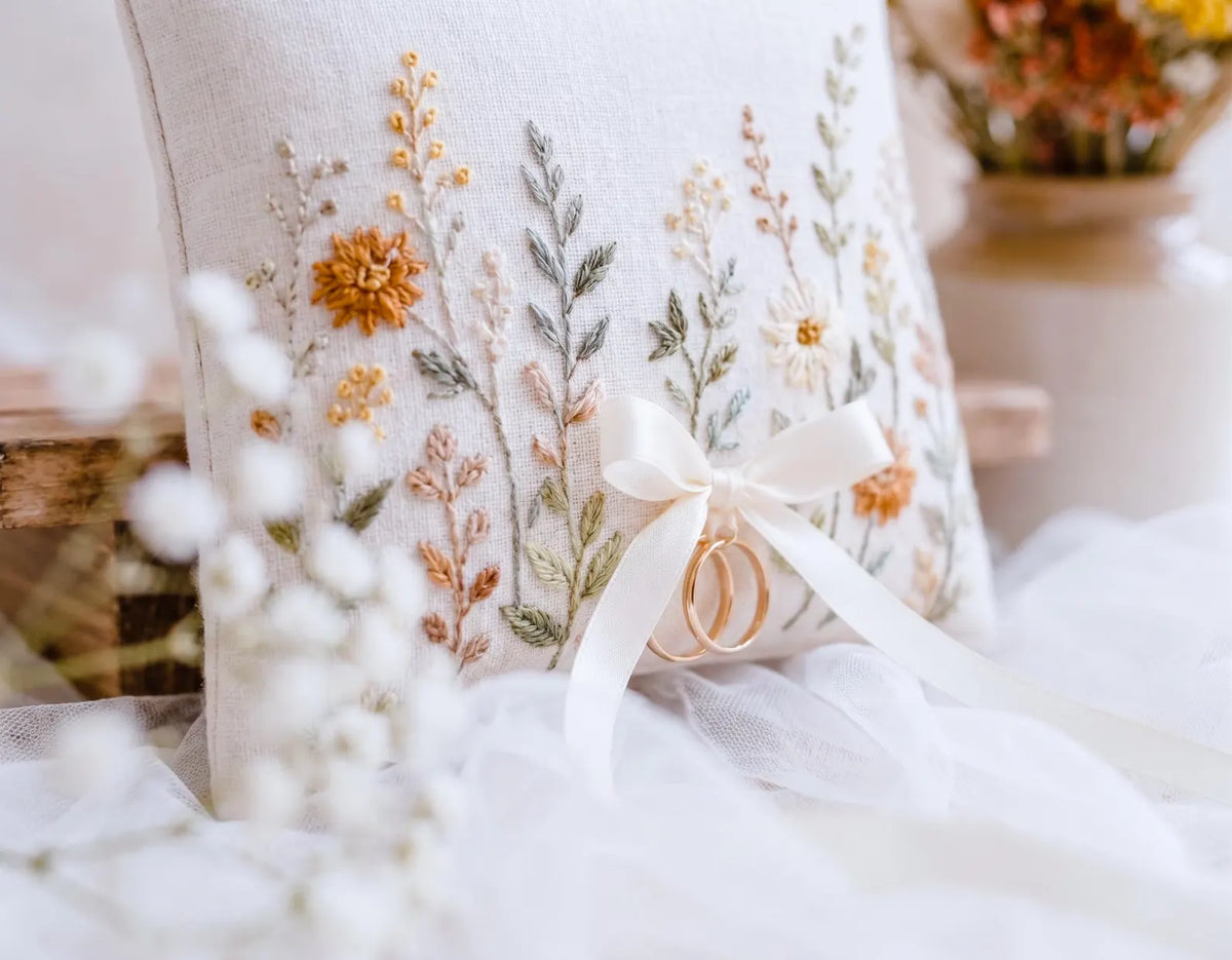 Personalized Autumn Wedding Ring Pillow, Neutral Wildflower Embroidered Linen Ring Bearer Pillow, Custom Names & Date, Boho Wedding Keepsake