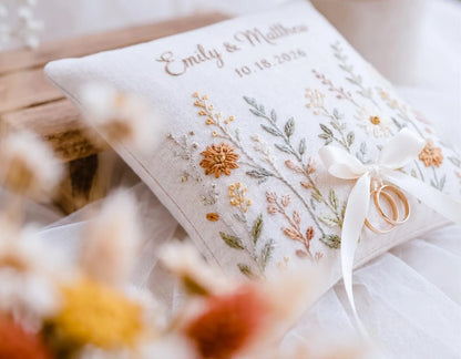 Personalized Autumn Wedding Ring Pillow, Neutral Wildflower Embroidered Linen Ring Bearer Pillow, Custom Names & Date, Boho Wedding Keepsake