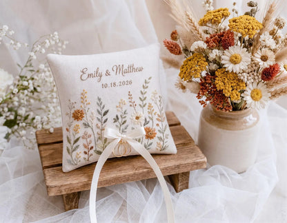 Personalized Autumn Wedding Ring Pillow, Neutral Wildflower Embroidered Linen Ring Bearer Pillow, Custom Names & Date, Boho Wedding Keepsake