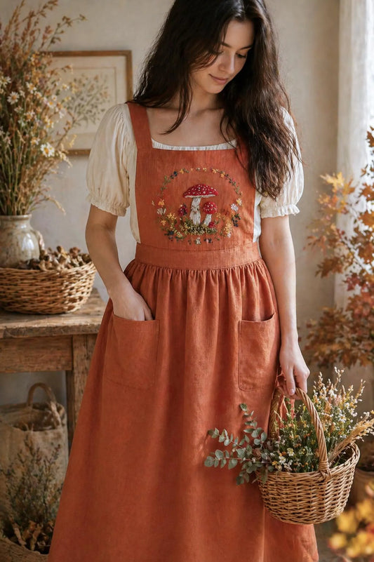 Hand Embroidered Linen Apron Dress, Cottagecore Mushroom Dress, Rustic Fall Outfit, Handmade Floral Apron, Vintage Linen Dress, Gift for Her