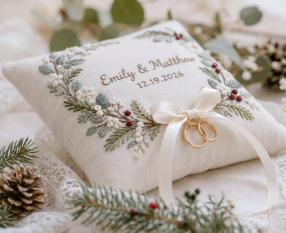 Personalized Christmas Ring Pillow, Winter Greenery & Red Berry Embroidered Linen Ring Bearer Pillow, Custom Names Date, Wedding Keepsakes