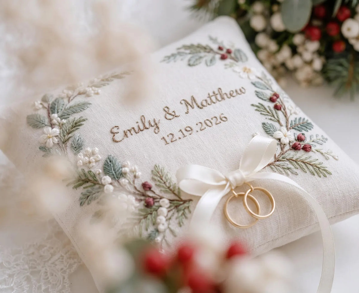 Personalized Christmas Ring Pillow, Winter Greenery & Red Berry Embroidered Linen Ring Bearer Pillow, Custom Names Date, Wedding Keepsakes