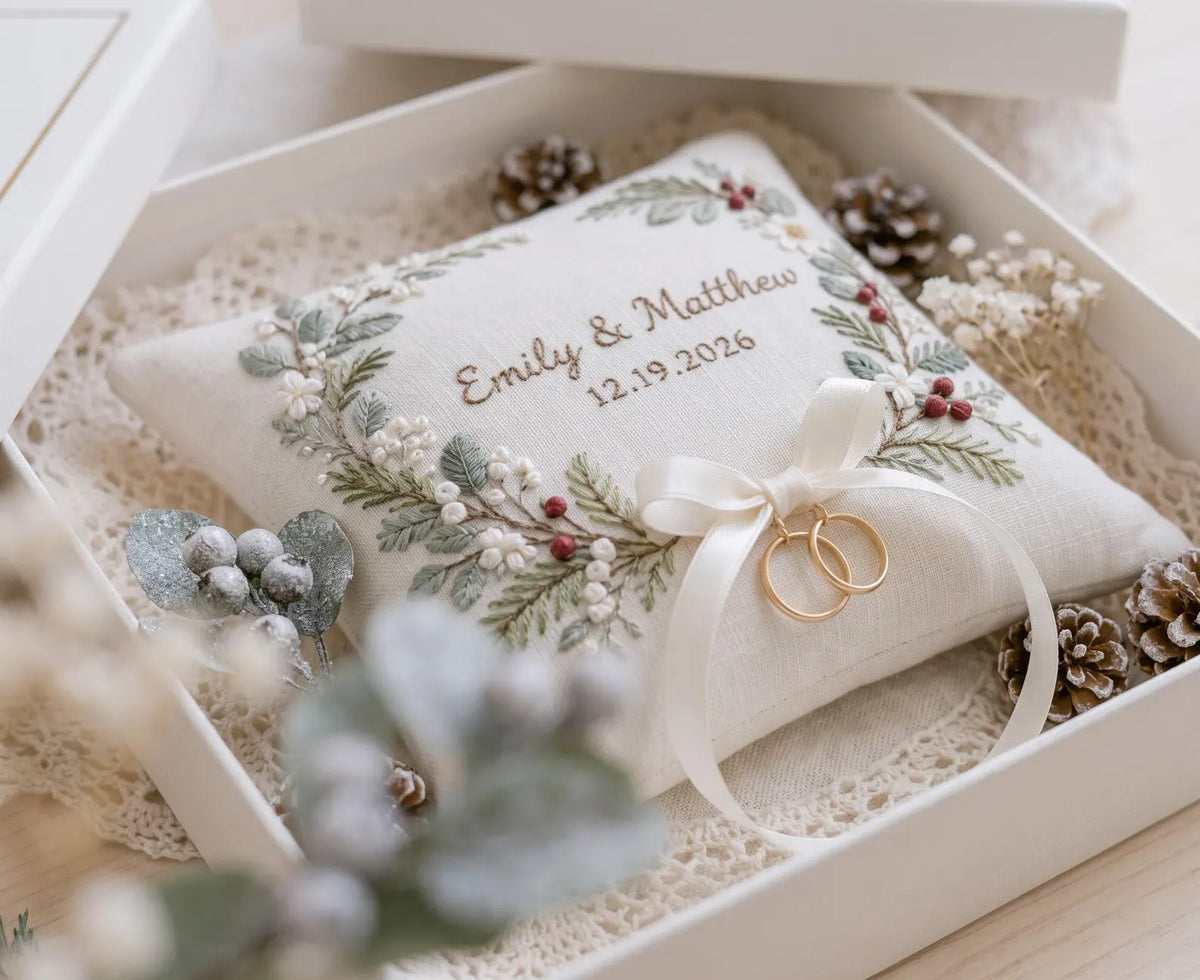 Personalized Christmas Ring Pillow, Winter Greenery & Red Berry Embroidered Linen Ring Bearer Pillow, Custom Names Date, Wedding Keepsakes