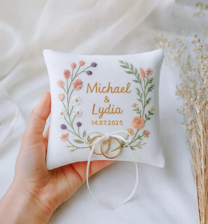 Personalized Ring Bearer Pillow, Hand Embroidered Wedding Cushion, Custom Names Date, Peach Lilac Floral Wreath Pillow Bridal Gift Keepsake