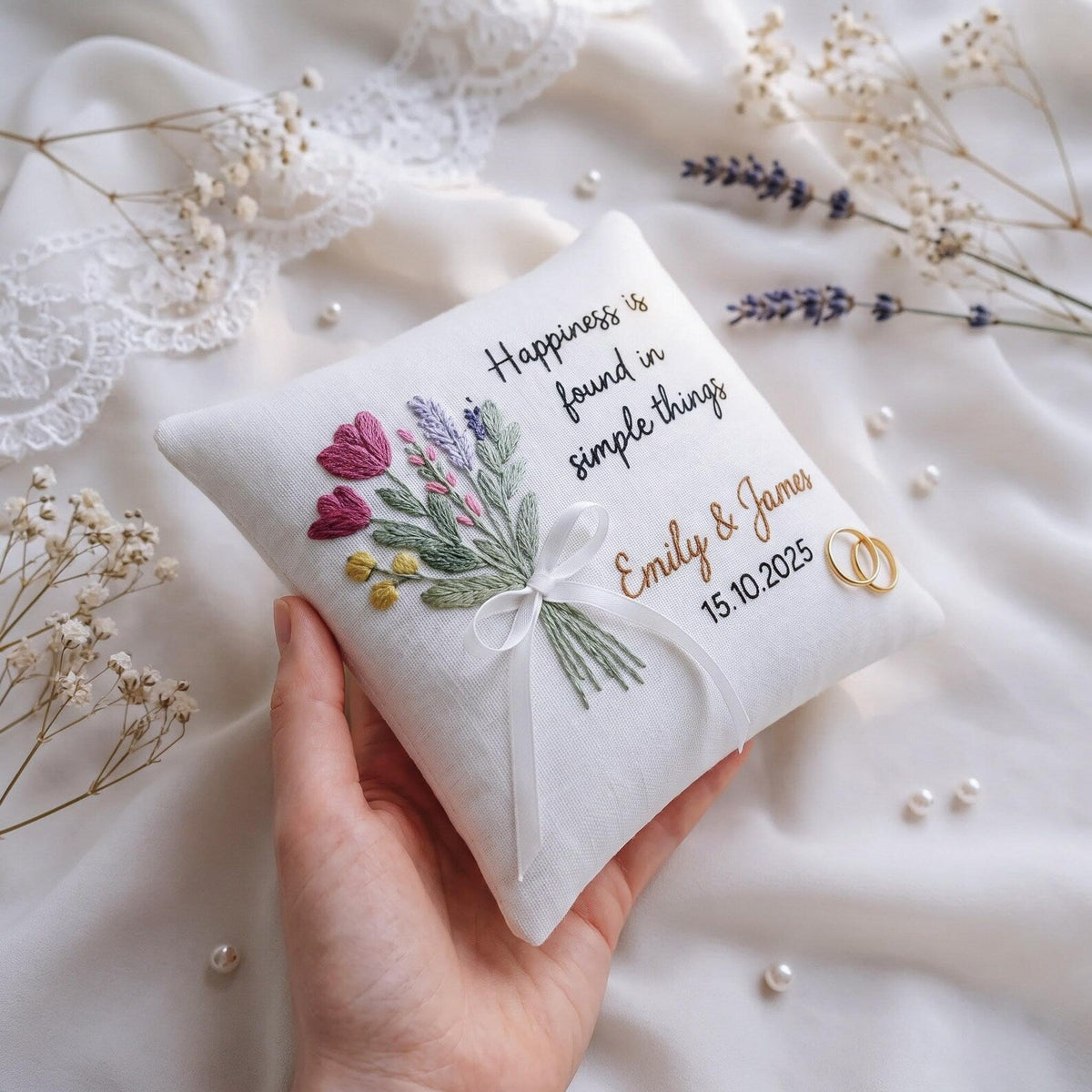 Personalized Ring Bearer Pillow, Hand Embroidered Tulip & Lavender Bouquet, Custom Names Date, Wedding Ring Pillow Bridal Keepsake for Bride