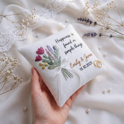 Personalized Ring Bearer Pillow, Hand Embroidered Tulip & Lavender Bouquet, Custom Names Date, Wedding Ring Pillow Bridal Keepsake for Bride
