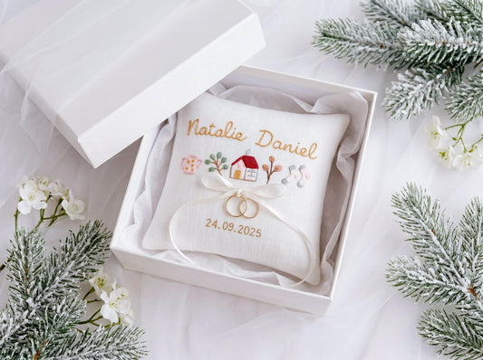 Personalized Ring Bearer Pillow, Hand Embroidered House, Plant & Home Motifs, Custom Names Date, Linen Wedding Ring Pillow Bridal Keepsake
