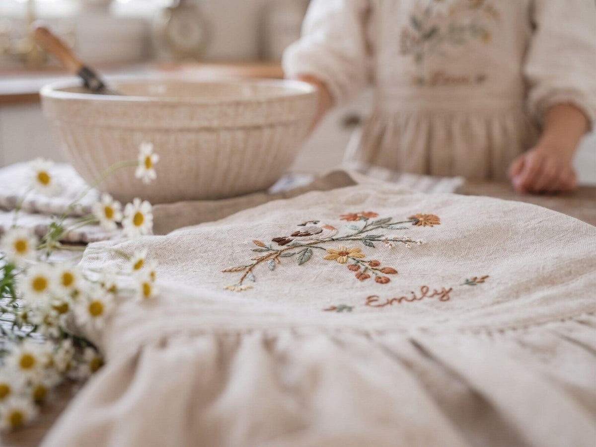 Personalized Mommy and Me Aprons, Matching Mom and Kids Linen Apron, Hand Embroidered Floral Apron, Custom Name Mother Daughter Gift