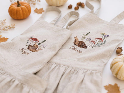 Personalized Sibling Aprons, Matching Kids Linen Apron Set, Hand Embroidered Squirrel & Mushroom Woodland, Custom Name Sister Gift