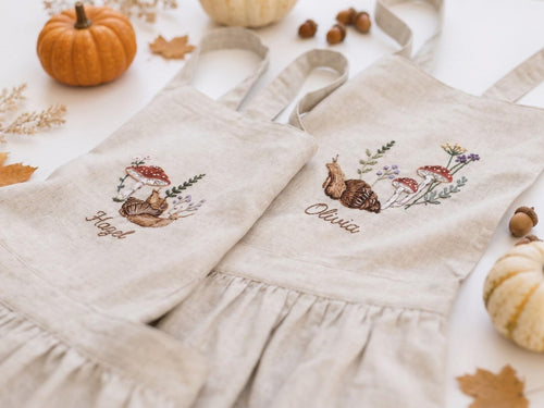 Personalized Sibling Aprons, Matching Kids Linen Apron Set, Hand Embroidered Squirrel & Mushroom Woodland, Custom Name Sister Gift