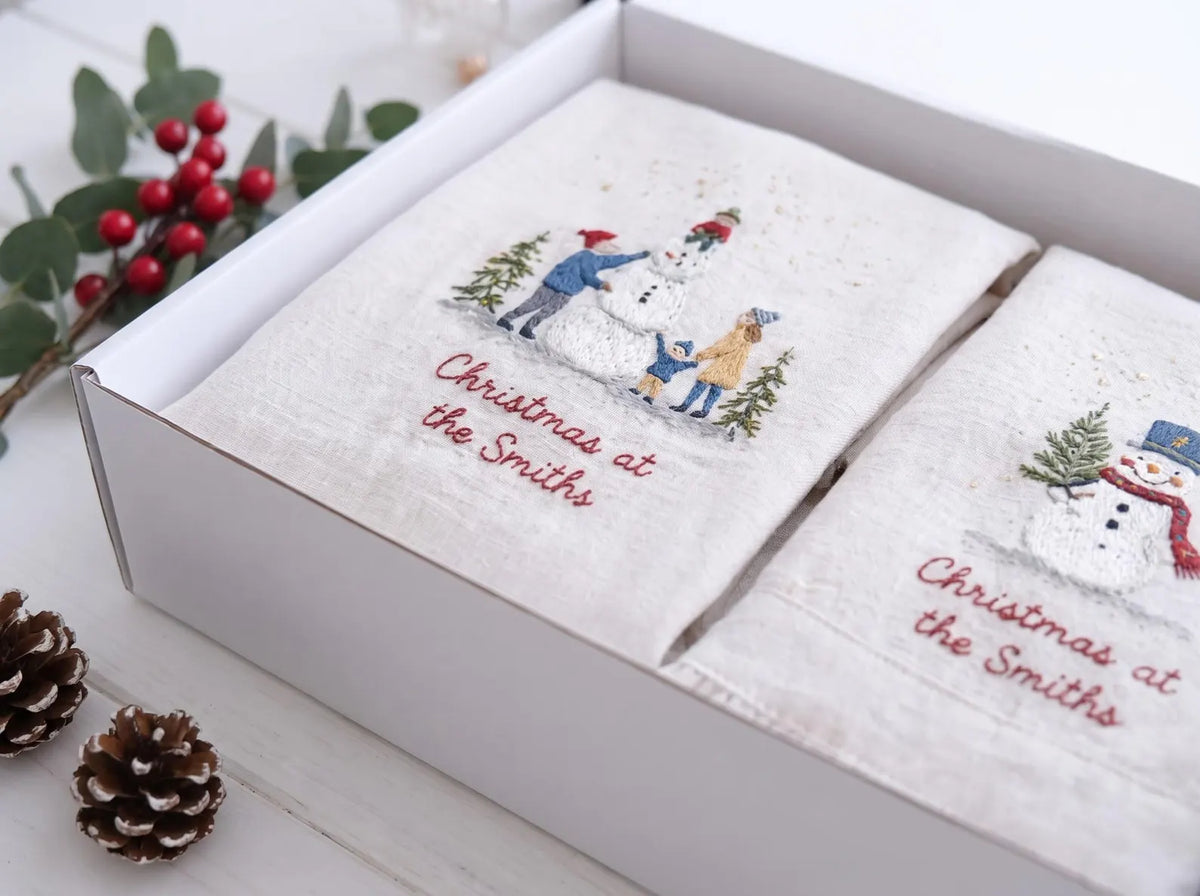 Personalized Christmas Mommy and Me Aprons, Matching Mom and Kids Linen Apron Set, Hand Embroidered Snowman, Custom Name Family Holiday Gift