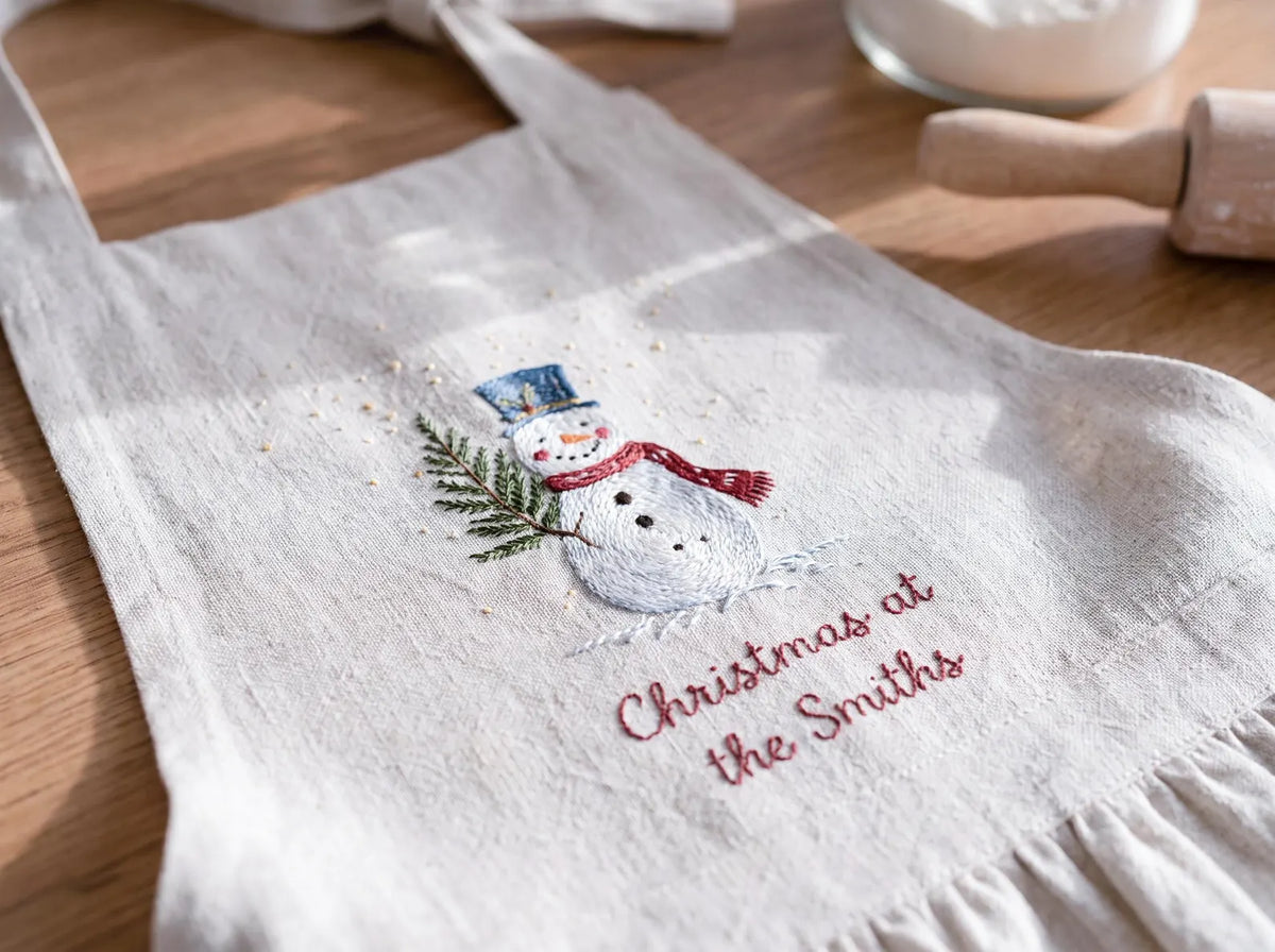 Personalized Christmas Mommy and Me Aprons, Matching Mom and Kids Linen Apron Set, Hand Embroidered Snowman, Custom Name Family Holiday Gift