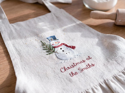 Personalized Christmas Mommy and Me Aprons, Matching Mom and Kids Linen Apron Set, Hand Embroidered Snowman, Custom Name Family Holiday Gift