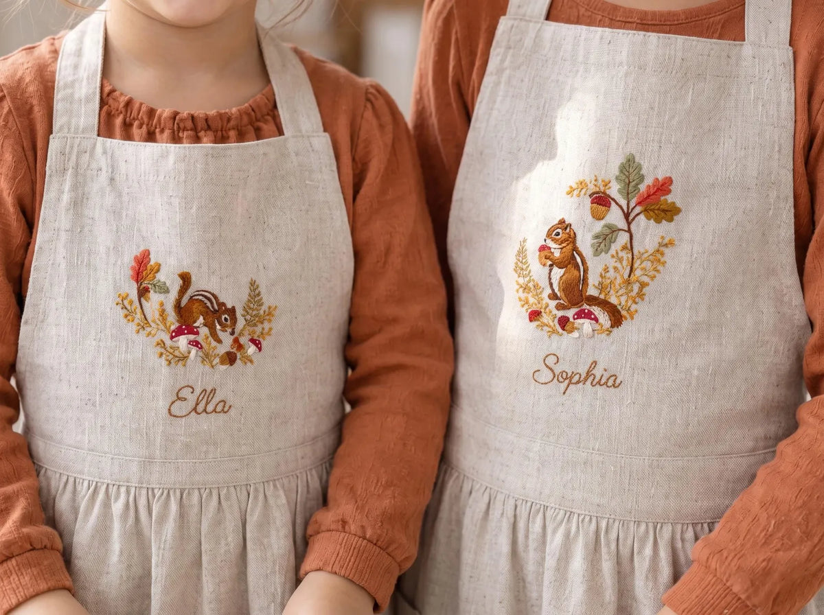 Personalized Sibling Aprons, Matching Kids Linen Apron Set, Hand Embroidered Squirrel & Acorn Woodland Set for Kids Custom Name Sister Gift