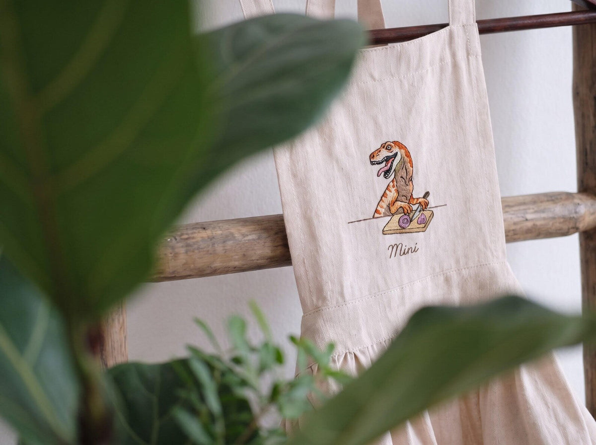 Personalized Matching Aprons, Mommy and Me Linen Apron Set, Hand Embroidered Dinosaur Design, Custom Name Mother Child Gift, Family Keepsake
