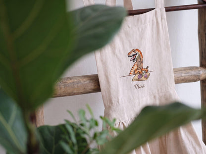 Personalized Matching Aprons, Mommy and Me Linen Apron Set, Hand Embroidered Dinosaur Design, Custom Name Mother Child Gift, Family Keepsake