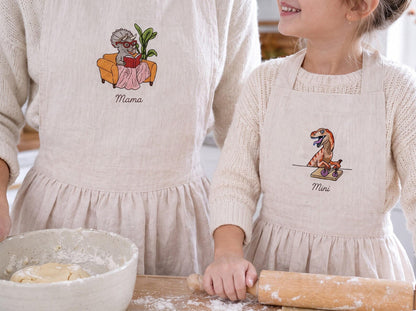 Personalized Matching Aprons, Mommy and Me Linen Apron Set, Hand Embroidered Dinosaur Design, Custom Name Mother Child Gift, Family Keepsake