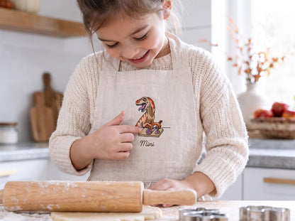 Personalized Matching Aprons, Mommy and Me Linen Apron Set, Hand Embroidered Dinosaur Design, Custom Name Mother Child Gift, Family Keepsake