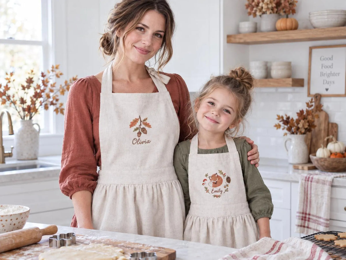 Personalized Mommy and Me Aprons, Matching Mom and Kids Linen Apron Set, Hand Embroidered Acorn Branch & Fox, Custom Name Gift