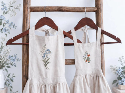Personalized Mommy and Me Aprons, Matching Mom and Kids Linen Apron Set, Hand Embroidered Blue Wildflowers & Fox, Custom Name Family Gift