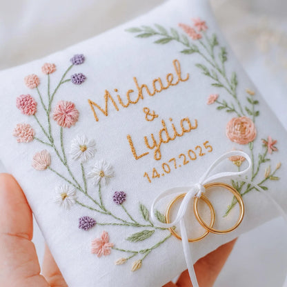 Personalized Ring Bearer Pillow, Hand Embroidered Wedding Cushion, Custom Names Date, Peach Lilac Floral Wreath Pillow Bridal Gift Keepsake
