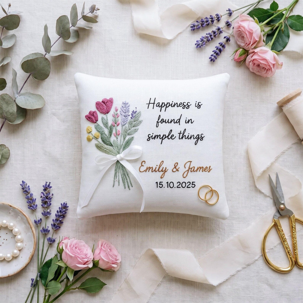 Personalized Ring Bearer Pillow, Hand Embroidered Tulip & Lavender Bouquet, Custom Names Date, Wedding Ring Pillow Bridal Keepsake for Bride
