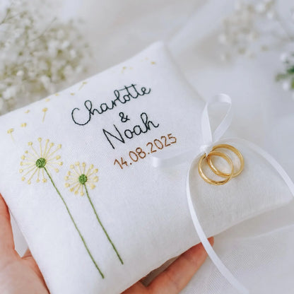 Personalized Ring Bearer Pillow, Hand Embroidered Wedding Ring Pillow, Custom Name Date, Dandelion Floral Ring Holder, Wedding Keepsake Gift