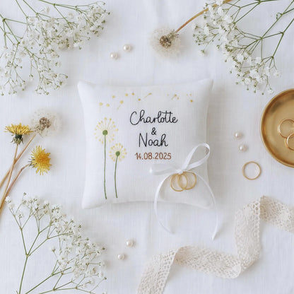 Personalized Ring Bearer Pillow, Hand Embroidered Wedding Ring Pillow, Custom Name Date, Dandelion Floral Ring Holder, Wedding Keepsake Gift
