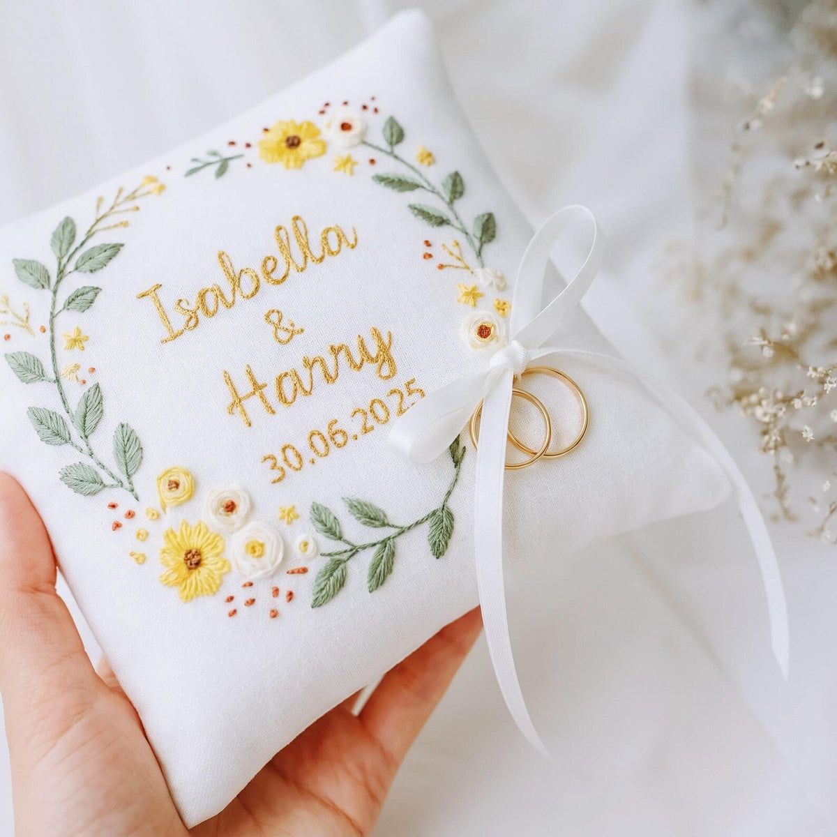 Personalized Ring Bearer Pillow, Hand Embroidered Wedding Ring Pillow, Custom Names Date, Yellow Daisy Wreath Ring Holder, Keepsake Gift Box
