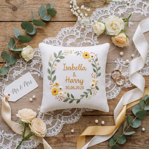 Personalized Ring Bearer Pillow, Hand Embroidered Wedding Ring Pillow, Custom Names Date, Yellow Daisy Wreath Ring Holder, Keepsake Gift Box