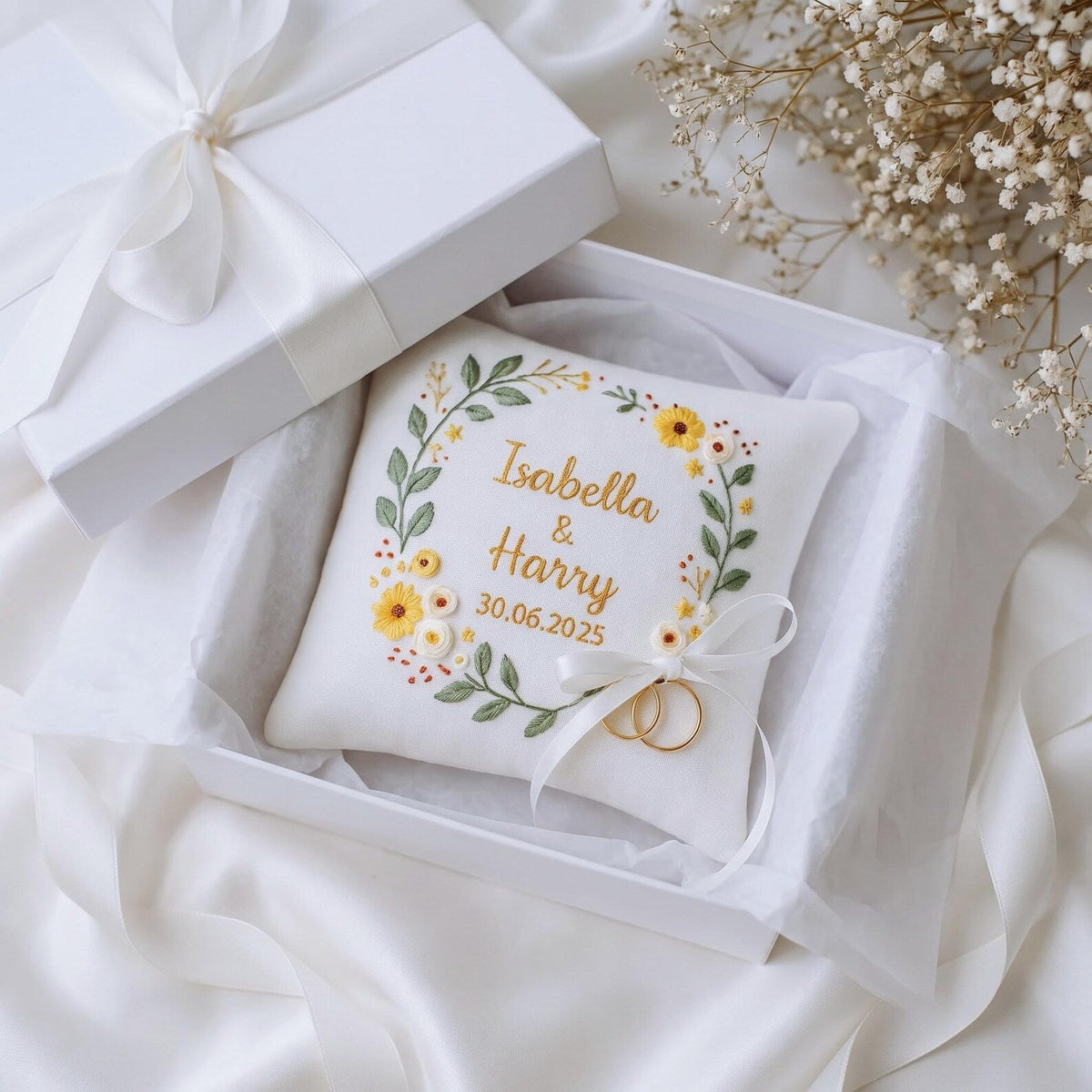 Personalized Ring Bearer Pillow, Hand Embroidered Wedding Ring Pillow, Custom Names Date, Yellow Daisy Wreath Ring Holder, Keepsake Gift Box