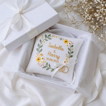 Personalized Ring Bearer Pillow, Hand Embroidered Wedding Ring Pillow, Custom Names Date, Yellow Daisy Wreath Ring Holder, Keepsake Gift Box