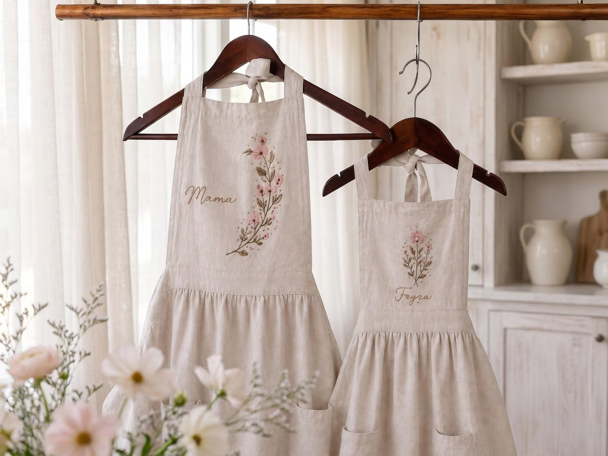 Personalized Mommy and Me Aprons, Matching Mom and Kids Linen Apron, Hand Embroidered Floral Apron, Custom Name Mother Daughter Gift