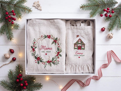 Personalized Mommy and Me Aprons, Matching Mom and Kids Linen Apron, Hand Embroidered Floral Apron, Custom Name Mother Daughter Gift