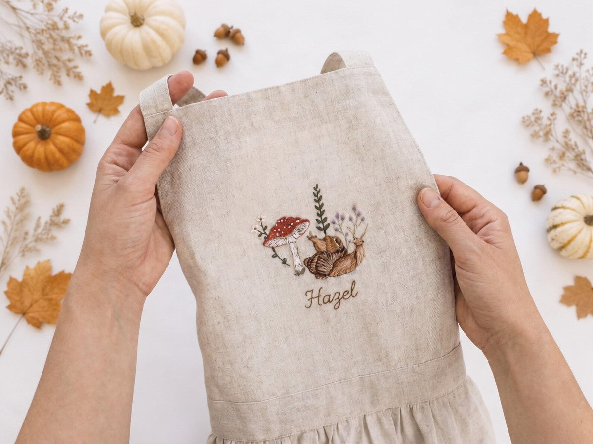 Personalized Sibling Aprons, Matching Kids Linen Apron Set, Hand Embroidered Squirrel & Mushroom Woodland, Custom Name Sister Gift