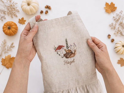 Personalized Sibling Aprons, Matching Kids Linen Apron Set, Hand Embroidered Squirrel & Mushroom Woodland, Custom Name Sister Gift