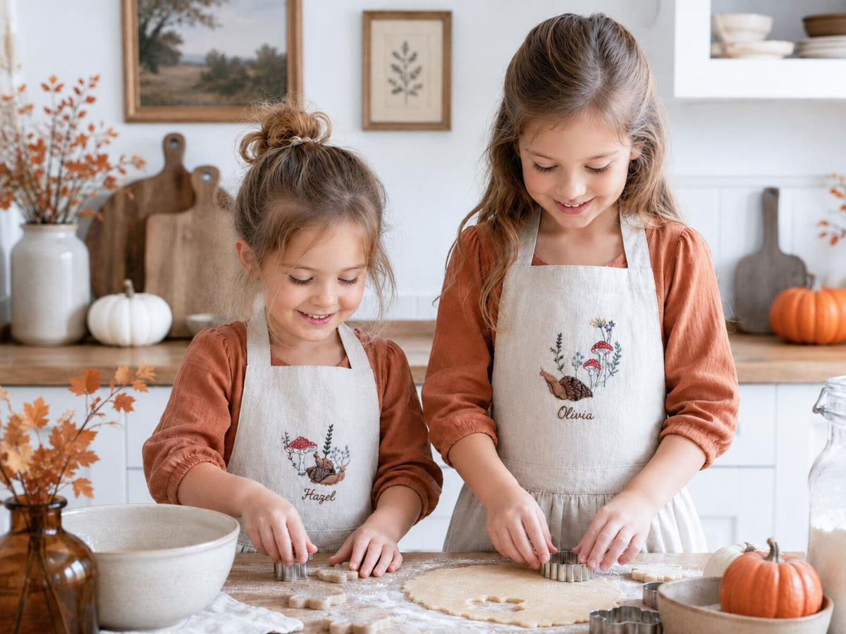 Personalized Sibling Aprons, Matching Kids Linen Apron Set, Hand Embroidered Squirrel & Mushroom Woodland, Custom Name Sister Gift