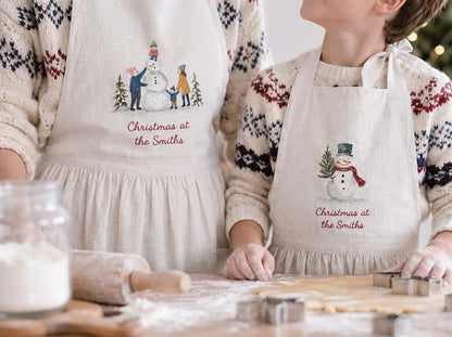 Personalized Christmas Mommy and Me Aprons, Matching Mom and Kids Linen Apron Set, Hand Embroidered Snowman, Custom Name Family Holiday Gift