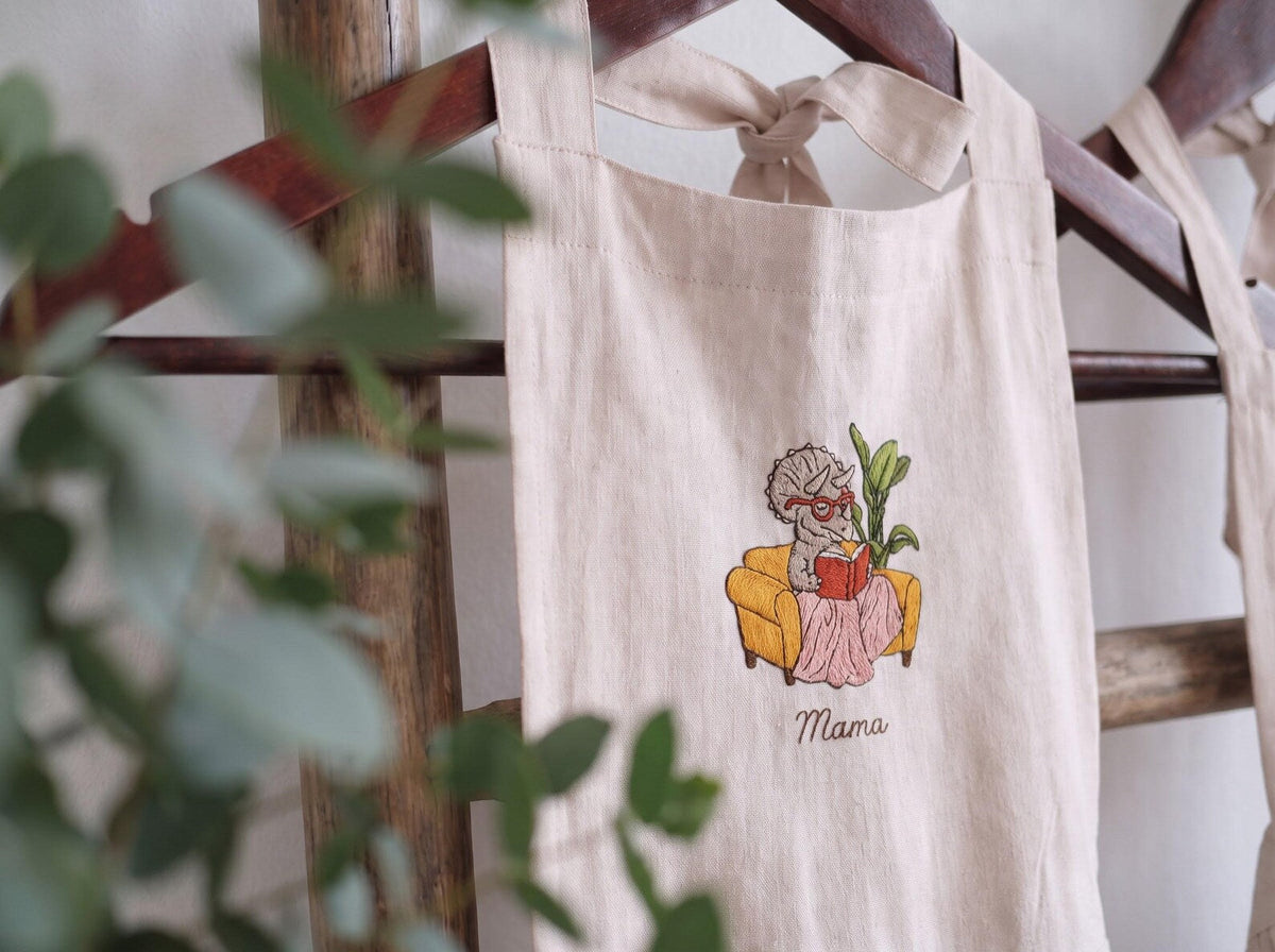 Personalized Matching Aprons, Mommy and Me Linen Apron Set, Hand Embroidered Dinosaur Design, Custom Name Mother Child Gift, Family Keepsake