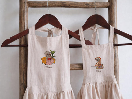 Personalized Matching Aprons, Mommy and Me Linen Apron Set, Hand Embroidered Dinosaur Design, Custom Name Mother Child Gift, Family Keepsake